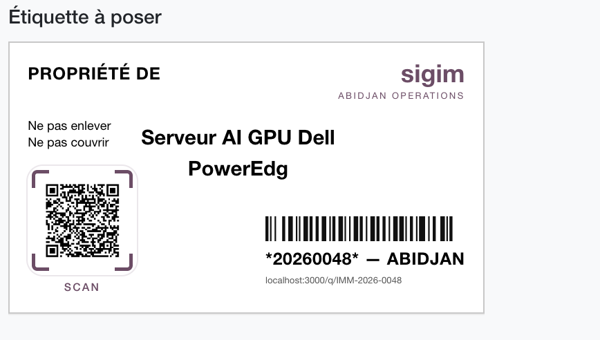 Étiquette SIGIM Serveur AI GPU Dell PowerEdge, QR SCAN et code 20260048